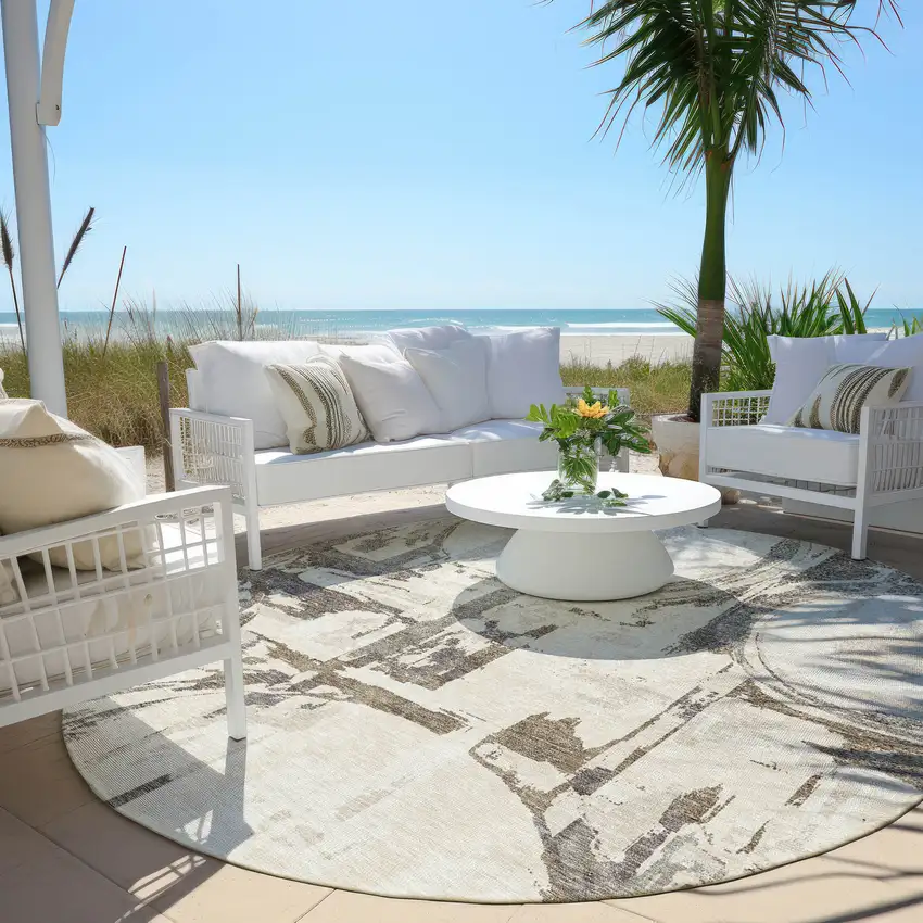 8' Ivory Beige And Taupe Round Geometric Washable Indoor Outdoor Area Rug Photo 7