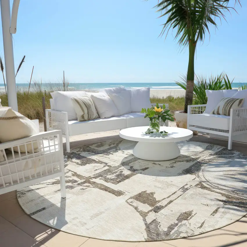 8' Ivory Beige And Taupe Round Geometric Washable Indoor Outdoor Area Rug Photo 7
