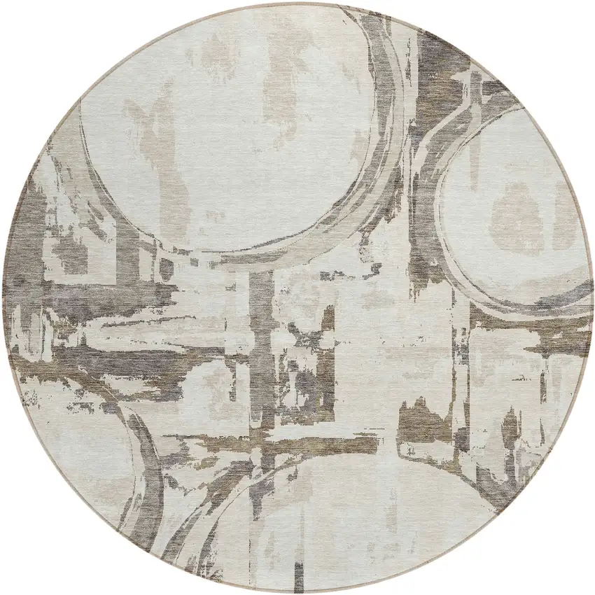 8' Ivory Beige And Taupe Round Geometric Washable Indoor Outdoor Area Rug Photo 2