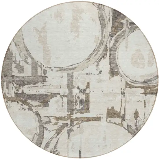 8' Ivory Beige And Taupe Round Geometric Washable Indoor Outdoor Area Rug Photo 2