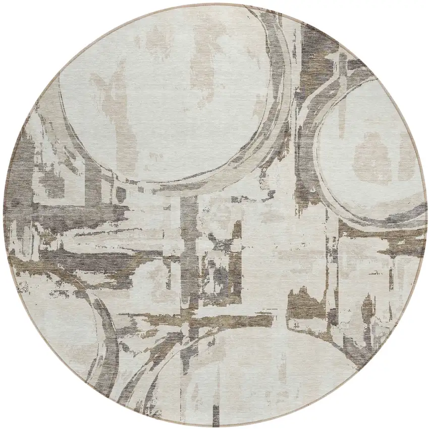 8' Ivory Beige And Taupe Round Geometric Washable Indoor Outdoor Area Rug Photo 2