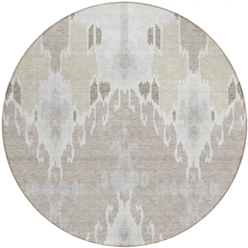 8' Ivory Beige And Taupe Round Ikat Washable Indoor Outdoor Area Rug Photo 1