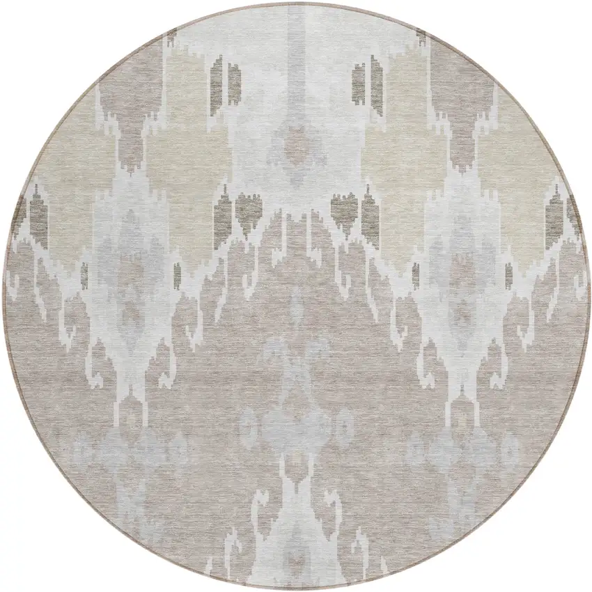 8' Ivory Beige And Taupe Round Ikat Washable Indoor Outdoor Area Rug Photo 1
