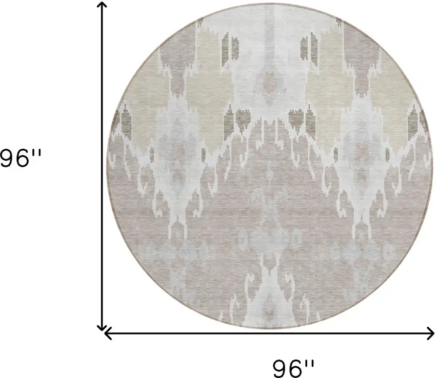 8' Ivory Beige And Taupe Round Ikat Washable Indoor Outdoor Area Rug Photo 8
