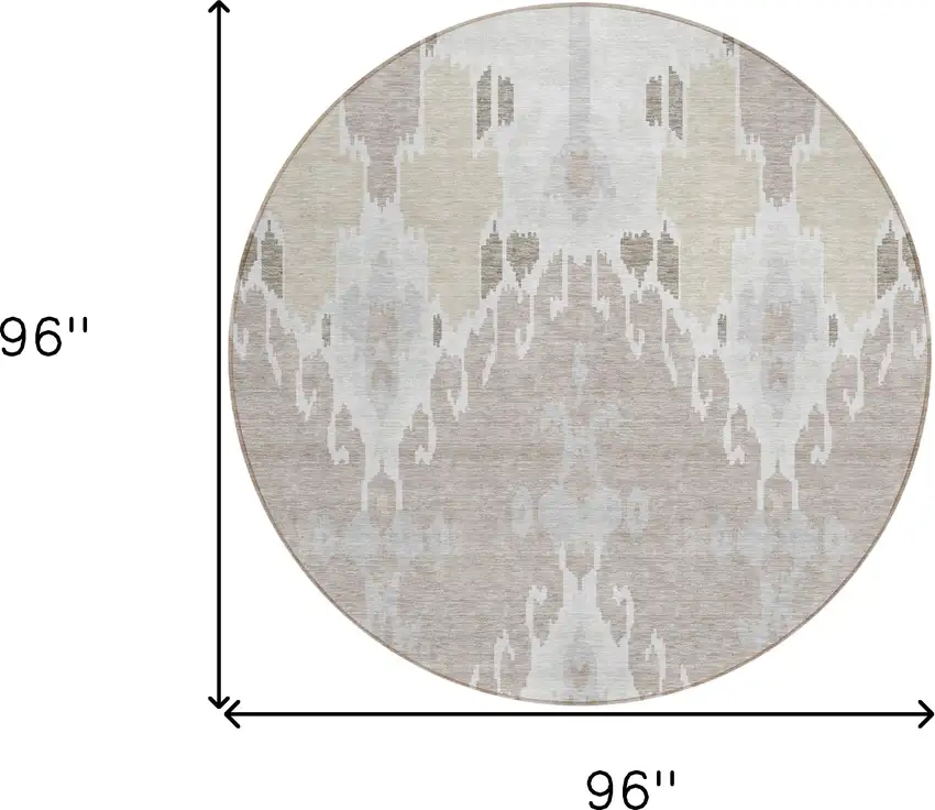 8' Ivory Beige And Taupe Round Ikat Washable Indoor Outdoor Area Rug Photo 8