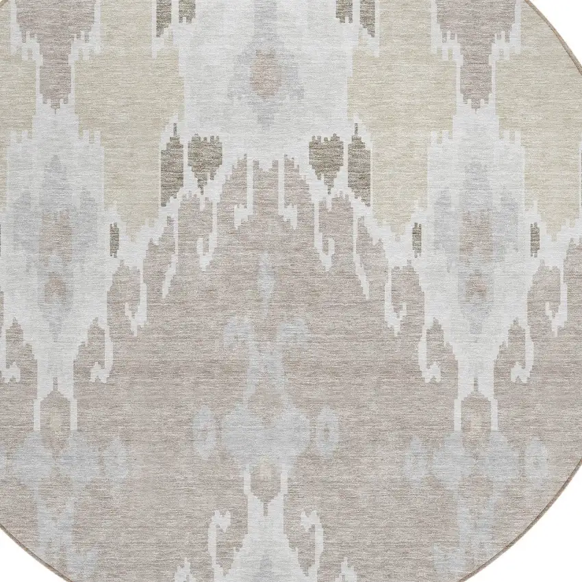 8' Ivory Beige And Taupe Round Ikat Washable Indoor Outdoor Area Rug Photo 4