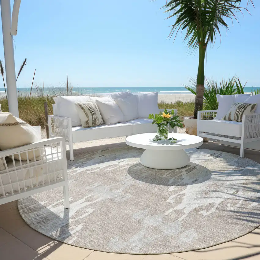 8' Ivory Beige And Taupe Round Ikat Washable Indoor Outdoor Area Rug Photo 6