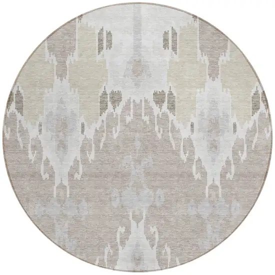 8' Ivory Beige And Taupe Round Ikat Washable Indoor Outdoor Area Rug Photo 5