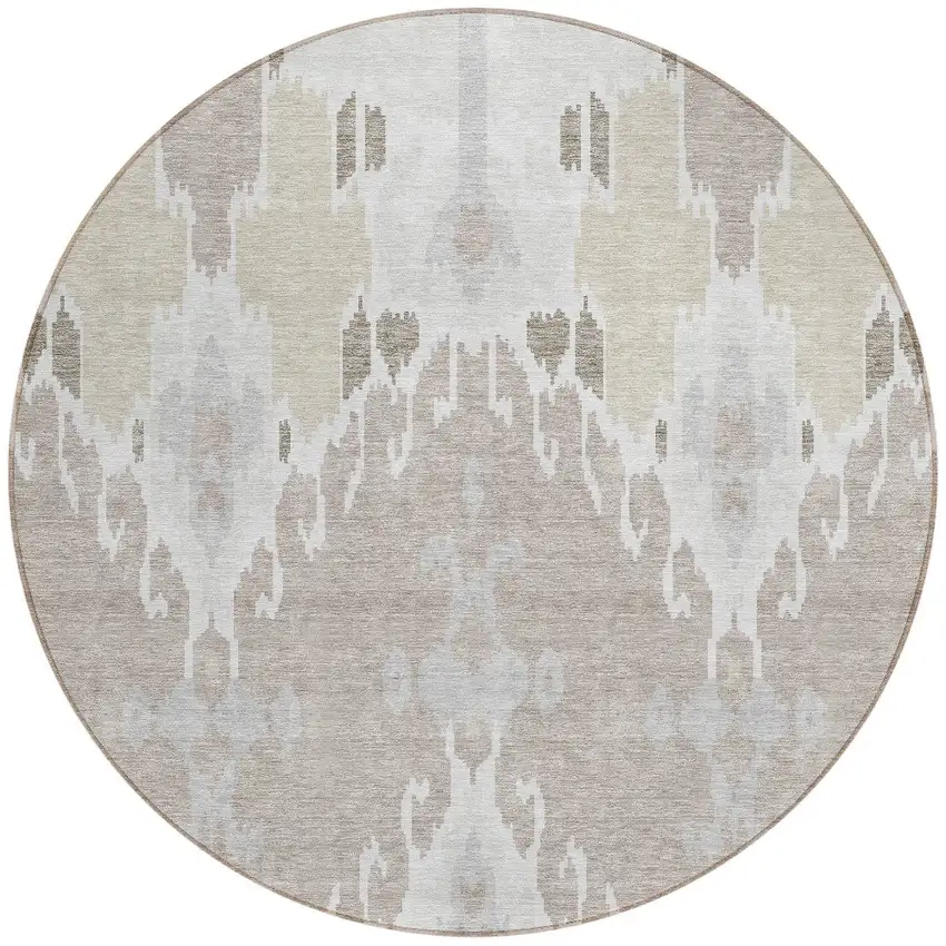 8' Ivory Beige And Taupe Round Ikat Washable Indoor Outdoor Area Rug Photo 5