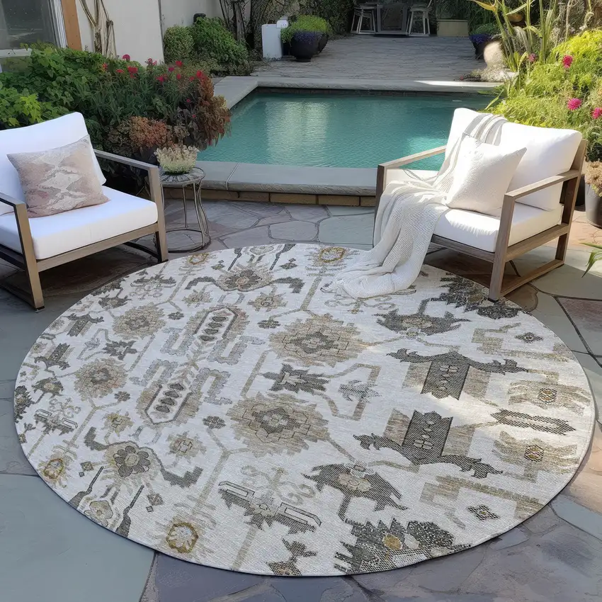 8' Ivory Beige And Taupe Round Oriental Washable Indoor Outdoor Area Rug Photo 7