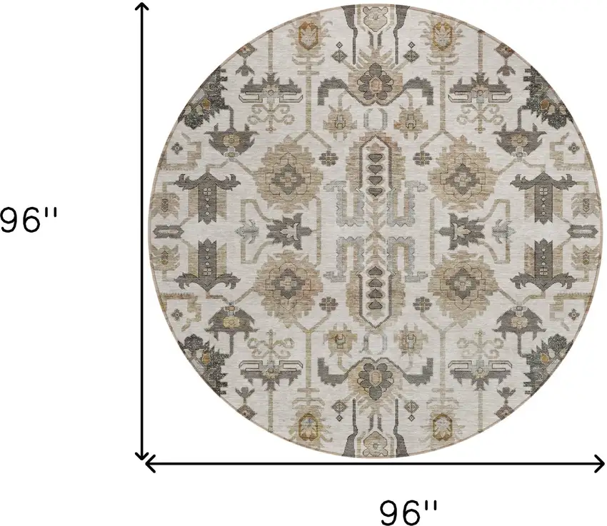 8' Ivory Beige And Taupe Round Oriental Washable Indoor Outdoor Area Rug Photo 9