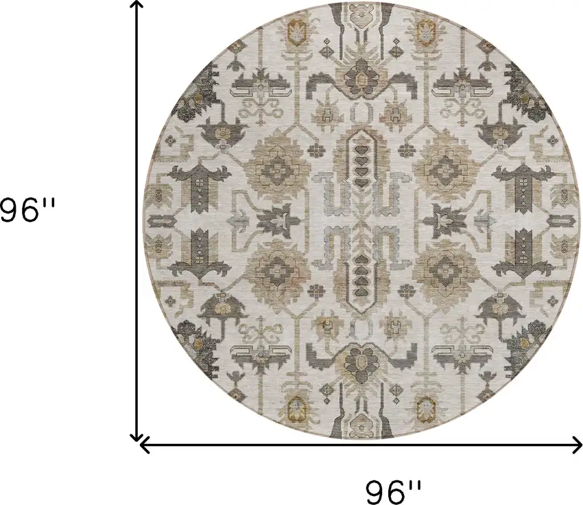 8' Ivory Beige And Taupe Round Oriental Washable Indoor Outdoor Area Rug Photo 9