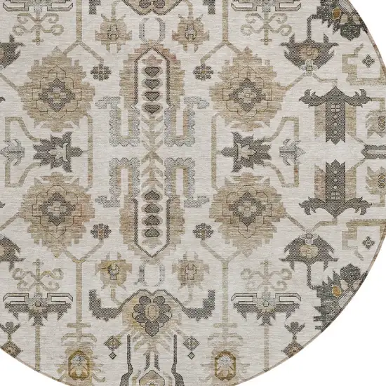 8' Ivory Beige And Taupe Round Oriental Washable Indoor Outdoor Area Rug Photo 5