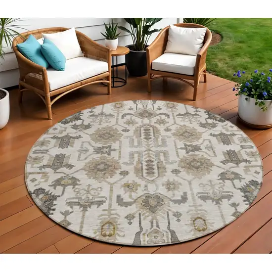 8' Ivory Beige And Taupe Round Oriental Washable Indoor Outdoor Area Rug Photo 1