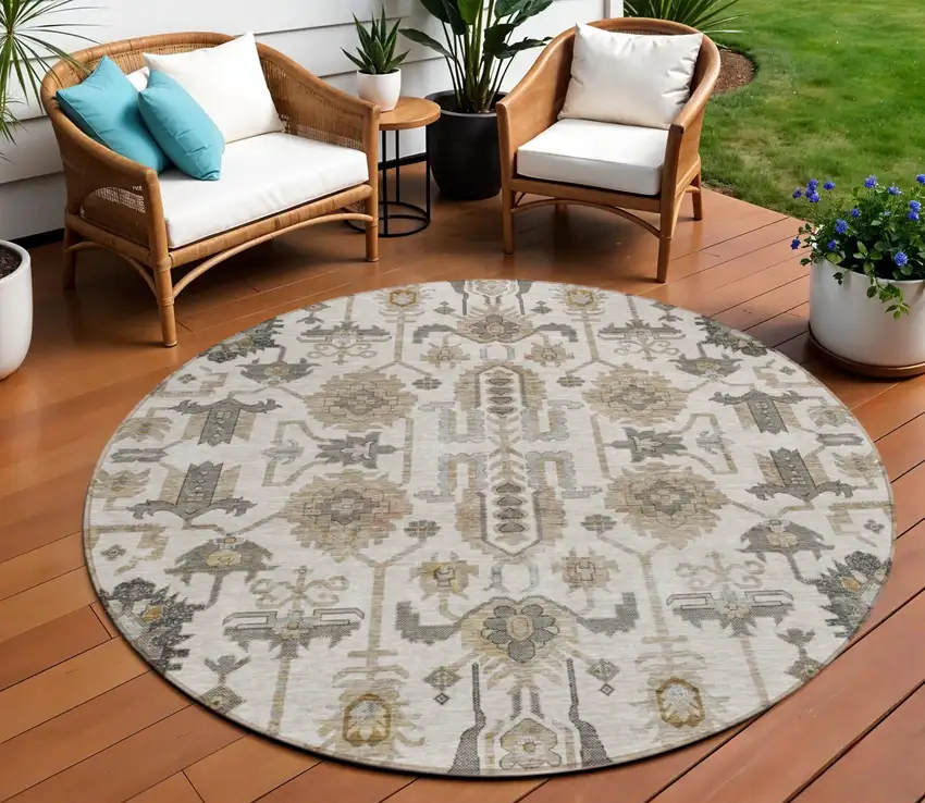 8' Ivory Beige And Taupe Round Oriental Washable Indoor Outdoor Area Rug Photo 1