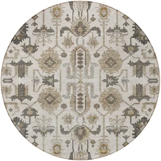 8' Ivory Beige And Taupe Round Oriental Washable Indoor Outdoor Area Rug Photo 6