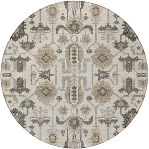 Photo of 8' Ivory Beige And Taupe Round Oriental Washable Indoor Outdoor Area Rug