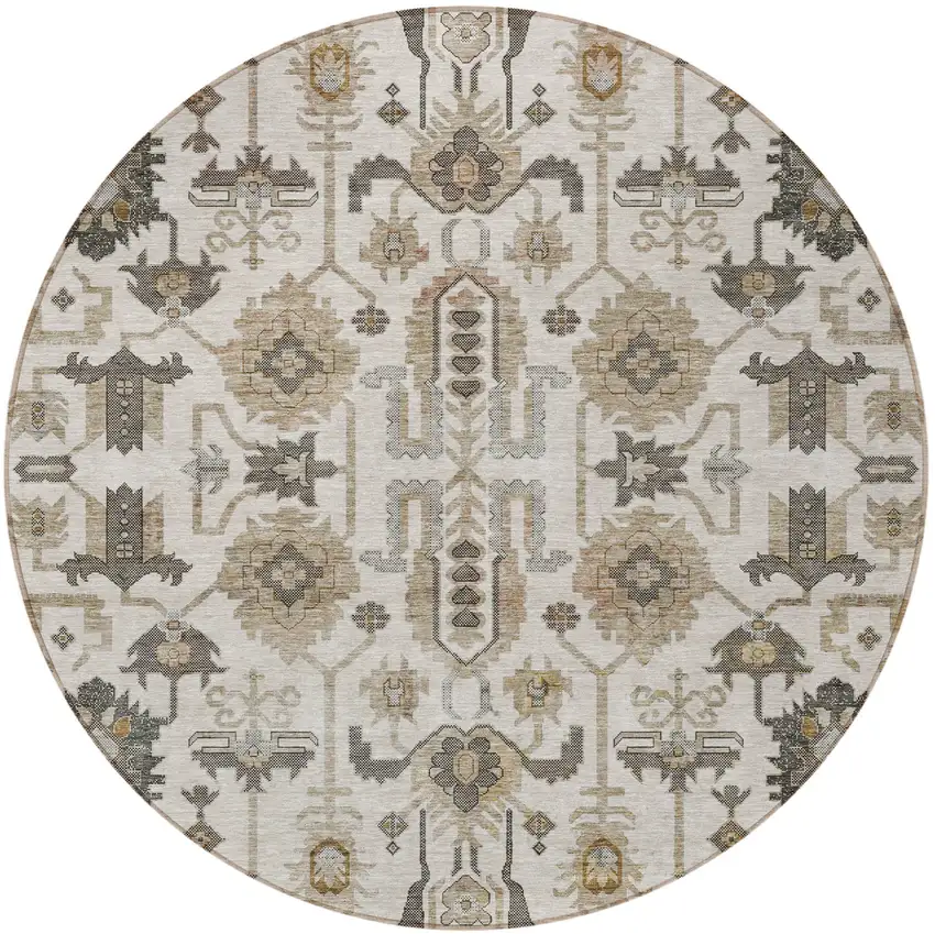 8' Ivory Beige And Taupe Round Oriental Washable Indoor Outdoor Area Rug Photo 6