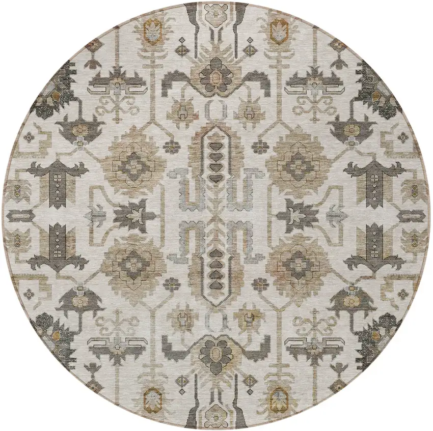 8' Ivory Beige And Taupe Round Oriental Washable Indoor Outdoor Area Rug Photo 6
