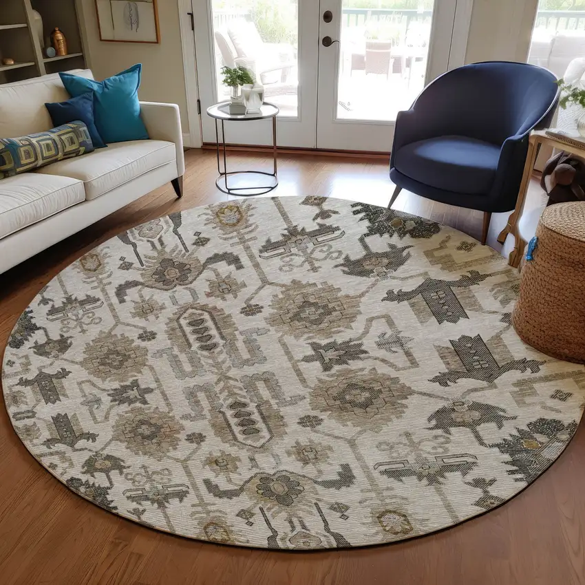 8' Ivory Beige And Taupe Round Oriental Washable Indoor Outdoor Area Rug Photo 8