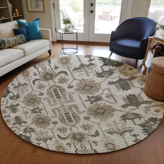 8' Ivory Beige And Taupe Round Oriental Washable Indoor Outdoor Area Rug Photo 8