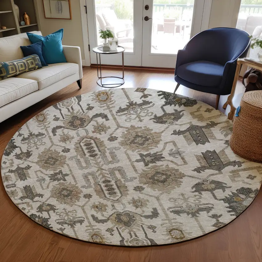 8' Ivory Beige And Taupe Round Oriental Washable Indoor Outdoor Area Rug Photo 8