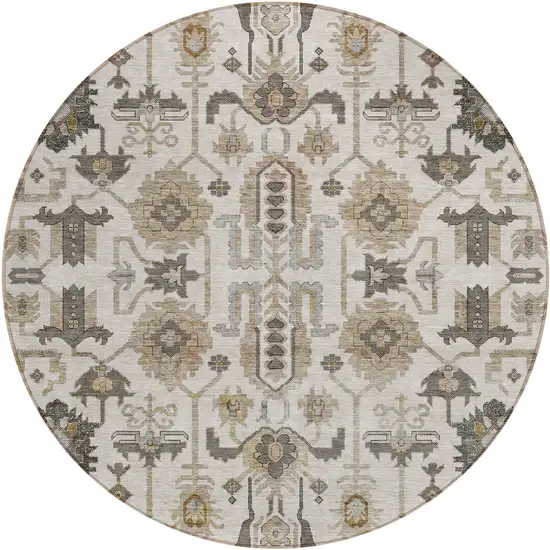 8' Ivory Beige And Taupe Round Oriental Washable Indoor Outdoor Area Rug Photo 1