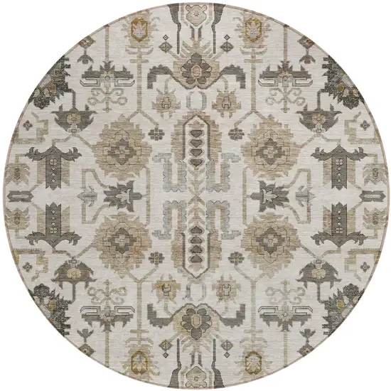 8' Ivory Beige And Taupe Round Oriental Washable Indoor Outdoor Area Rug Photo 1
