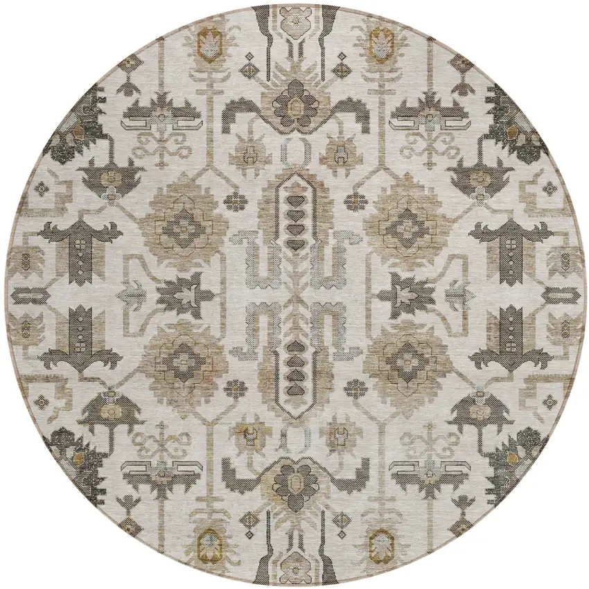 8' Ivory Beige And Taupe Round Oriental Washable Indoor Outdoor Area Rug Photo 1