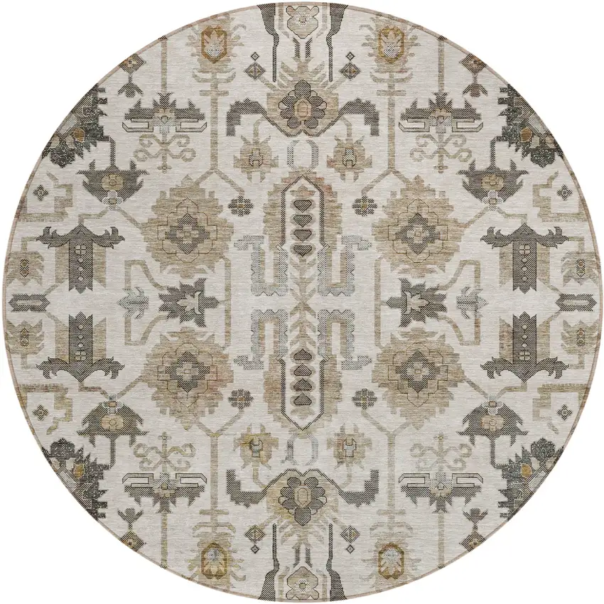 8' Ivory Beige And Taupe Round Oriental Washable Indoor Outdoor Area Rug Photo 1