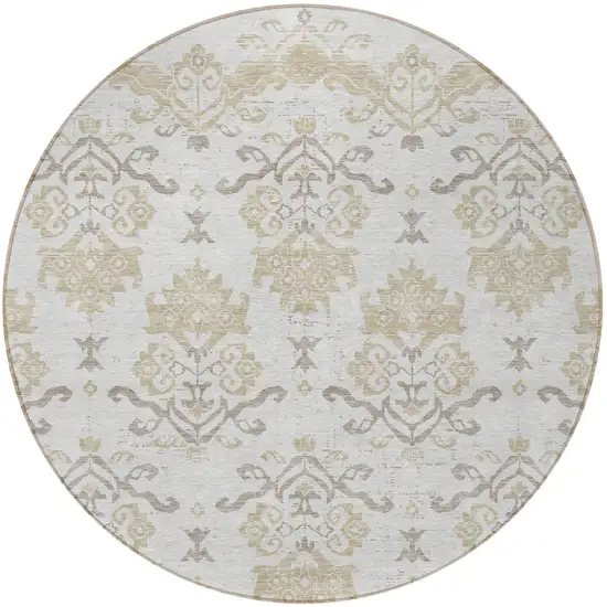 8' Ivory Beige And Taupe Round Oriental Washable Indoor Outdoor Area Rug Photo 5