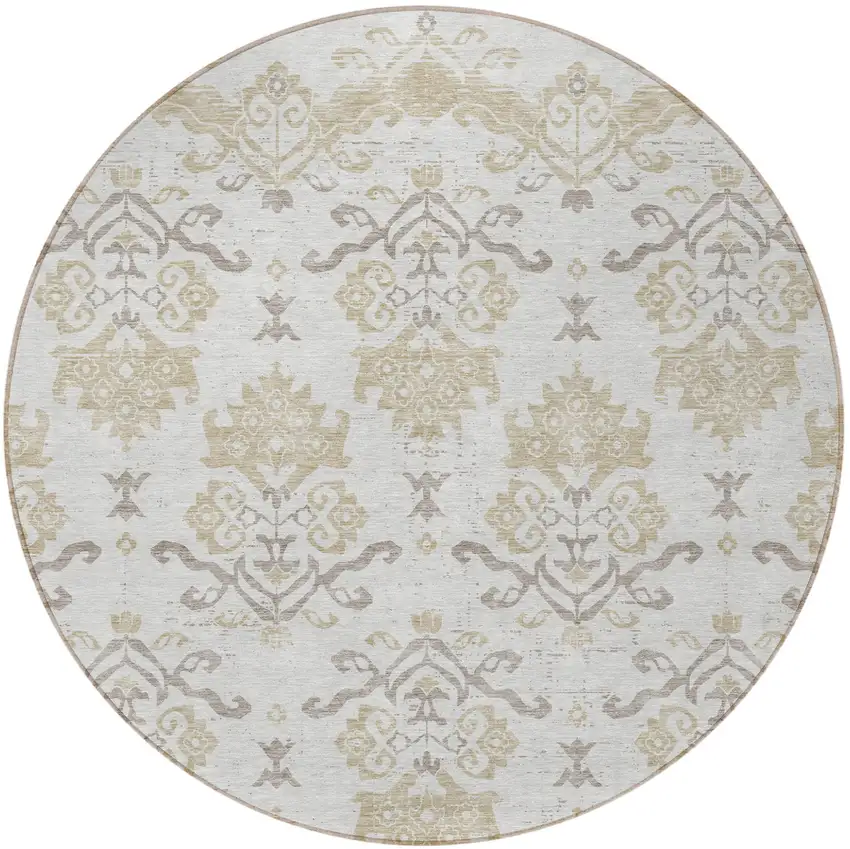 8' Ivory Beige And Taupe Round Oriental Washable Indoor Outdoor Area Rug Photo 5