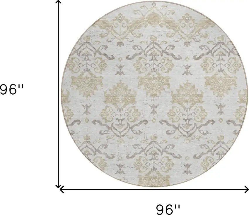 8' Ivory Beige And Taupe Round Oriental Washable Indoor Outdoor Area Rug Photo 8