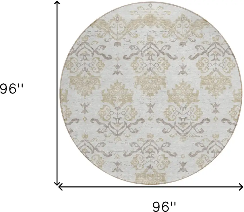 8' Ivory Beige And Taupe Round Oriental Washable Indoor Outdoor Area Rug Photo 8