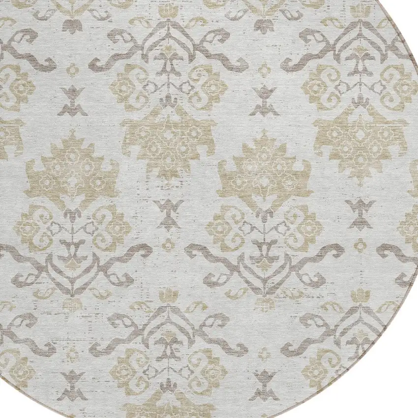 8' Ivory Beige And Taupe Round Oriental Washable Indoor Outdoor Area Rug Photo 4