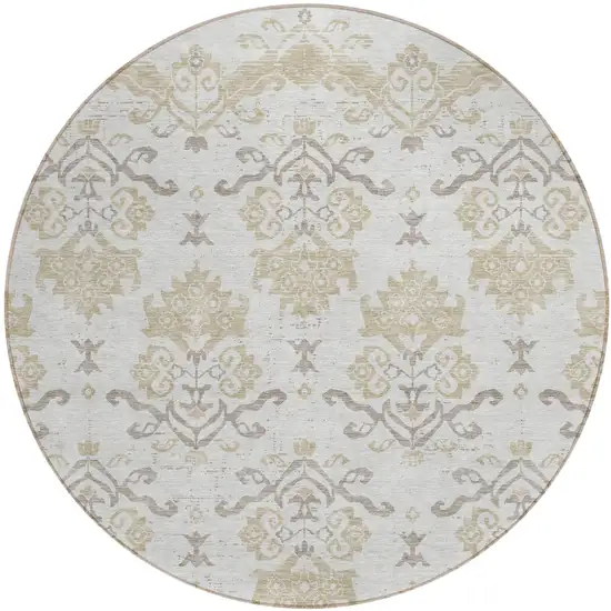 8' Ivory Beige And Taupe Round Oriental Washable Indoor Outdoor Area Rug Photo 1