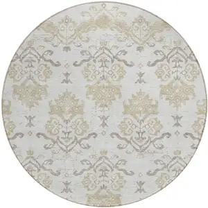 Photo of 8' Ivory Beige And Taupe Round Oriental Washable Indoor Outdoor Area Rug