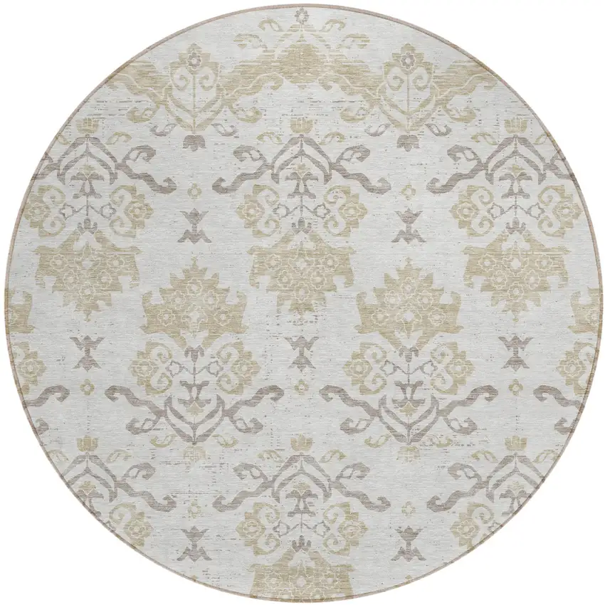 8' Ivory Beige And Taupe Round Oriental Washable Indoor Outdoor Area Rug Photo 1