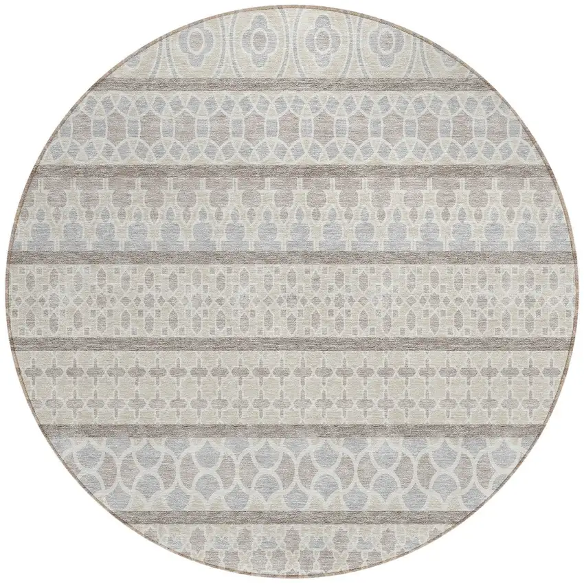 8' Ivory Beige And Taupe Round Quatrefoil Washable Indoor Outdoor Area Rug Photo 6