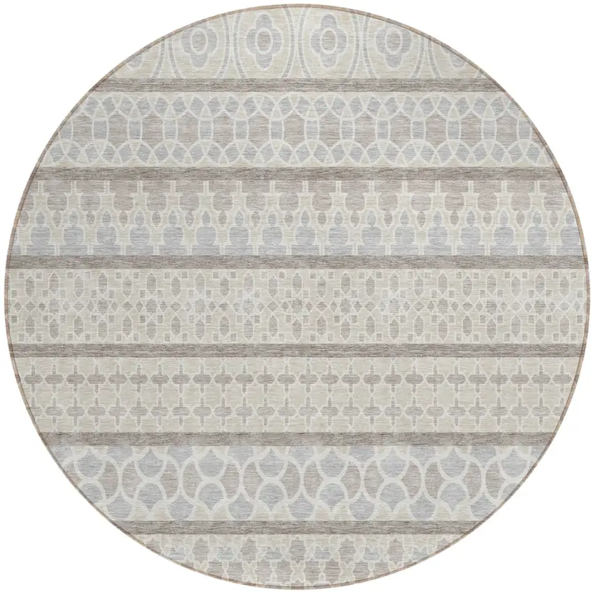 8' Ivory Beige And Taupe Round Quatrefoil Washable Indoor Outdoor Area Rug Photo 2