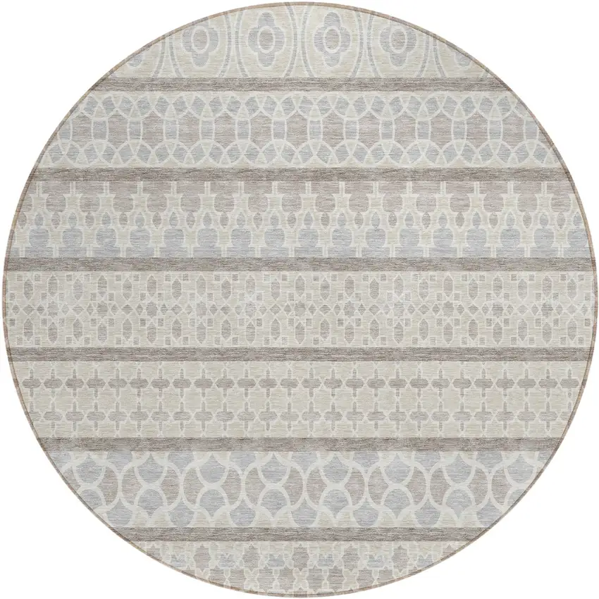8' Ivory Beige And Taupe Round Quatrefoil Washable Indoor Outdoor Area Rug Photo 2