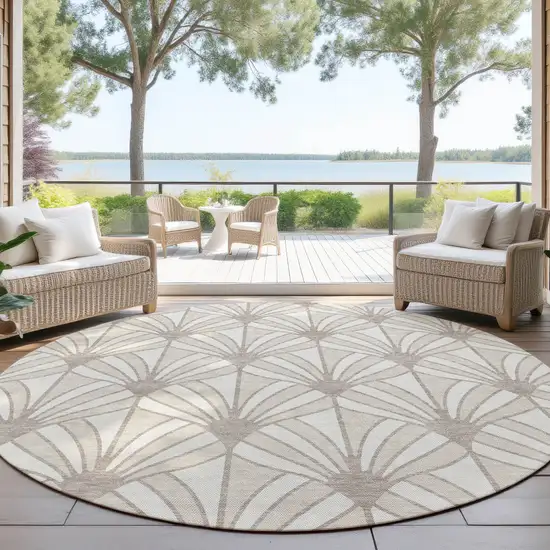 8' Ivory Beige And Taupe Round Seashell Washable Indoor Outdoor Area Rug Photo 4