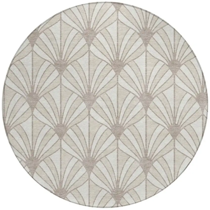8' Ivory Beige And Taupe Round Seashell Washable Indoor Outdoor Area Rug Photo 3