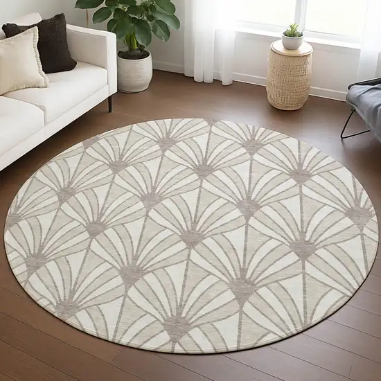 8' Ivory Beige And Taupe Round Seashell Washable Indoor Outdoor Area Rug Photo 5