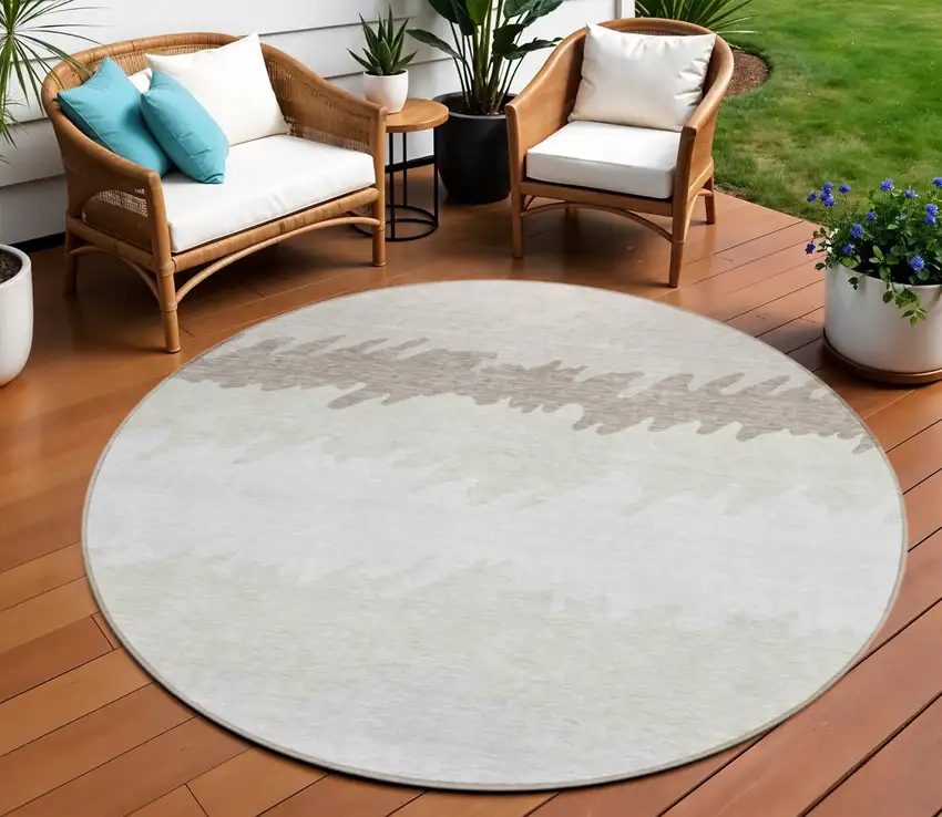8' Ivory Beige And Taupe Round Striped Washable Indoor Outdoor Area Rug Photo 1