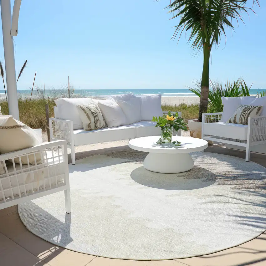 8' Ivory Beige And Taupe Round Striped Washable Indoor Outdoor Area Rug Photo 6