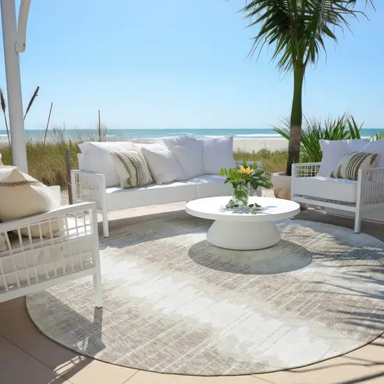 8' Ivory Beige And Taupe Round Striped Washable Indoor Outdoor Area Rug Photo 5