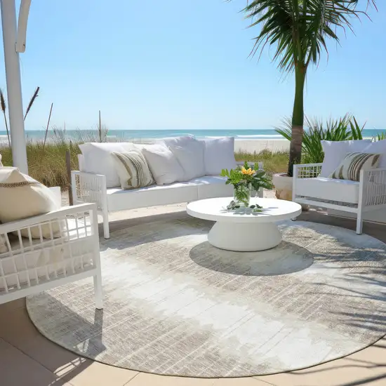 8' Ivory Beige And Taupe Round Striped Washable Indoor Outdoor Area Rug Photo 5