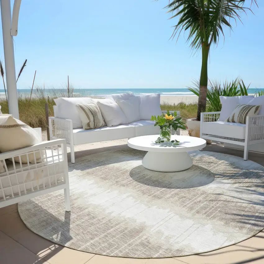 8' Ivory Beige And Taupe Round Striped Washable Indoor Outdoor Area Rug Photo 5