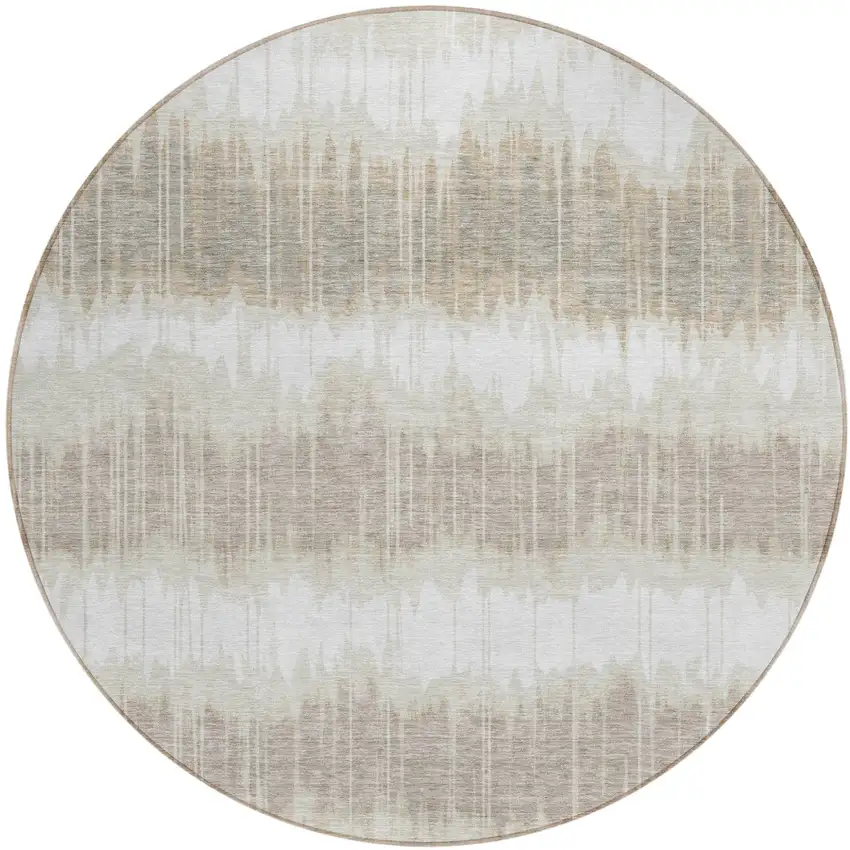 8' Ivory Beige And Taupe Round Striped Washable Indoor Outdoor Area Rug Photo 1